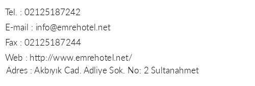 Emre Hotel Sultanahmet telefon numaralar, faks, e-mail, posta adresi ve iletiim bilgileri